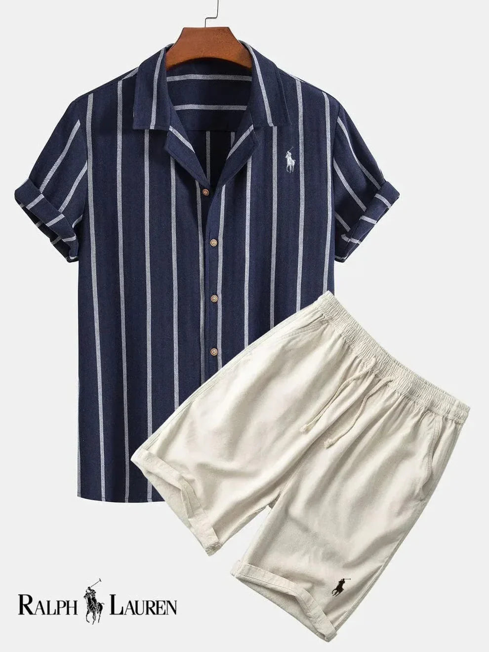 Conjunto de camisa y pantalón corto cubano a rayas para hombre